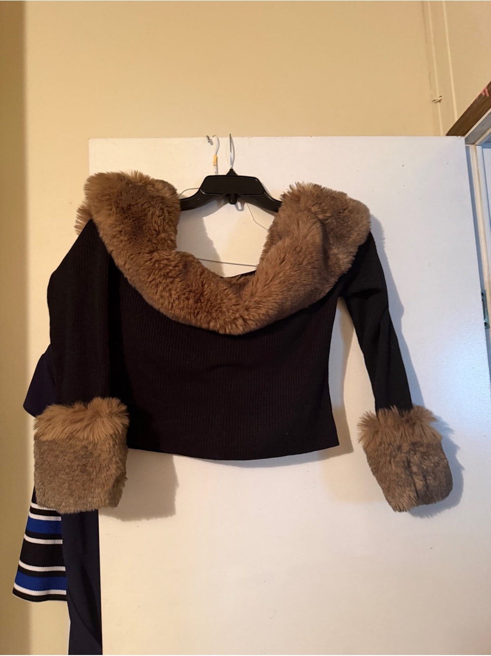 Fur Trim Black Crop Sweater with Brown Fur Collar and Cuffs By Fashion Nov 1X